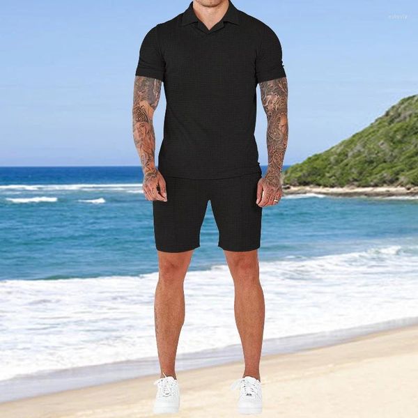 Fatos de treino masculino moda casual terno rua wear waffle tecido manga curta camisa polo shorts verão harajuku roupas esportivas