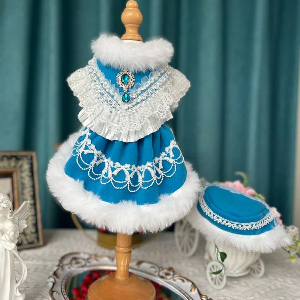 Kleider Herbst Winter Winter Wolltuch Cordhundhund Kleidung süße handgefertigte Bogenblau Lotita Prinzessin Kleid für kleine mittelhund chihuahua