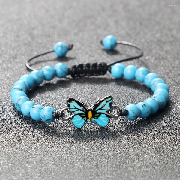 Link pulseiras artesanais de pedra natural pulseira masculina yoga ágata turquesa contas pulseiras charme azul borboleta pingente jóias para mulher