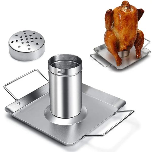 Pfannen Bierdose Huhn Röster Stand Edelstahl Tragbare Picknick Grill BBQ Grill Rack Küche Ofen Gemüse Pfanne Kochen Halter