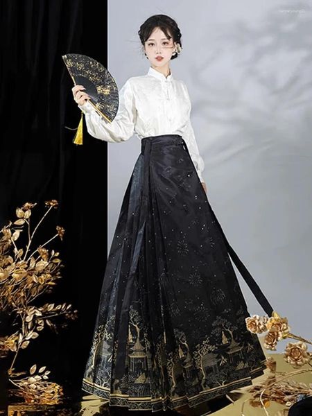 Etekler Ming Style Way At Yüzü Etek Stand Yakası Gömlek Günlük Banliyö Düğün Giyim Retro Sonbahar ve Kış