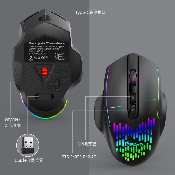 Ratos recarregável bluetooth sem fio mouse tipo c carregamento rgb 1600dpi mouse para computador portátil tablet pc macbook gaming mouse gamer