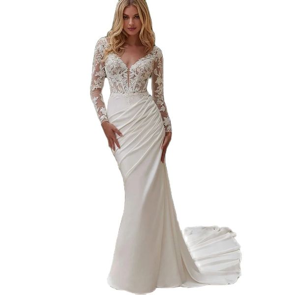 Elegante abito da sposa a sirena con scollo a V maniche lunghe applicazioni pieghe lunghezza pavimento abito da sposa senza schienale abiti da sposa