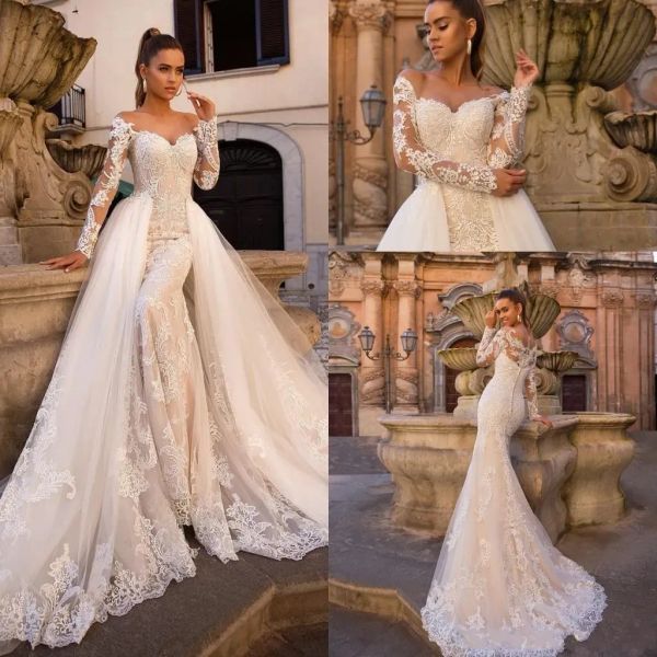 Sirena in pizzo Abiti champagne Tulle trasparente Maniche lunghe Sweep Train Abiti da sposa da sposa Robes De con gonna staccabile BC2919 tachable