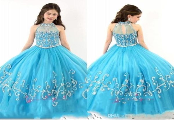 2017 Novo Sheer High Neck Frisado Cristal Sem Mangas Vestido de Baile Turquesa Tule Vestidos Da Menina de Flor RACHEL ALLAN Girls Pageant Dresse8799469