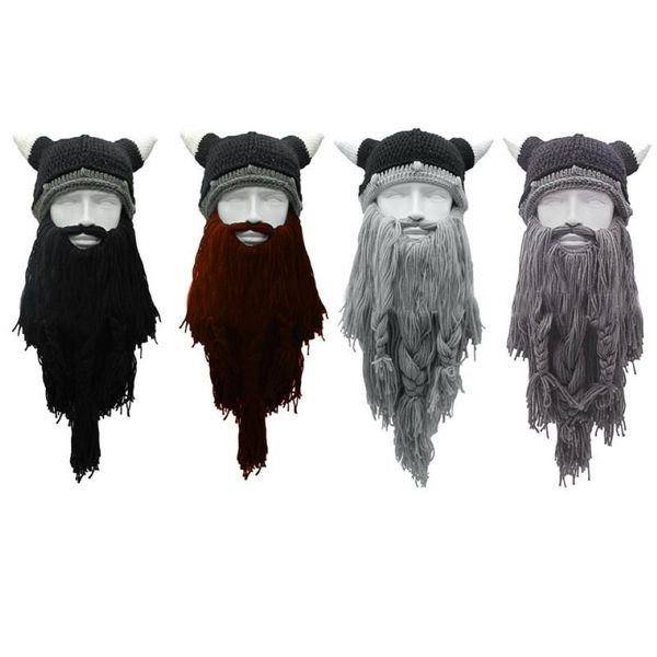 Cappelli a tesa larga Adulto Pazzo Divertente Halloween Cosplay Lavorato a maglia Barba vichinga Cappello in corno Maschera da sci Barbaro Vagabondo Berretto vintage Wi2252