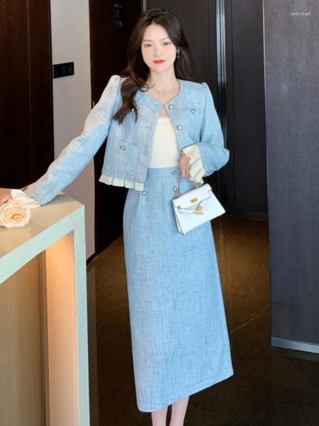 Abiti da lavoro Moda Donna Abiti blu Coreano Manica lunga Top corto Casual A-line Blazer Gonne 2 pezzi Set Primavera Y2k Abiti femminili