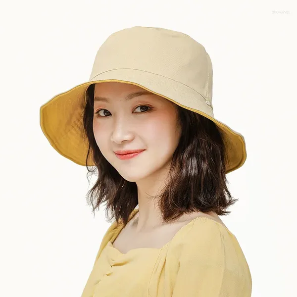 Berets Eimer Hut Frauen Sommer Frühling Baumwolle Doppelseitige Fischer Kappe Sonnenschirm Sonnencreme Große Breite Krempe Casual Folding Bob