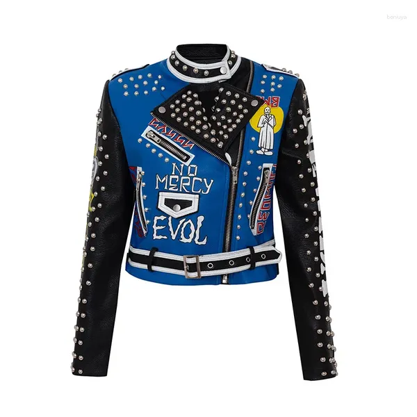 Мотоциклетная одежда, женская кожаная куртка из искусственного материала, синий цвет, шишка в стиле панк с заклепками, украшение, байкерская одежда в стиле рок
