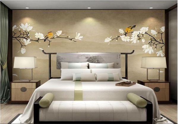 3d quarto papel de parede personalizado po não tecido mural novo chinês magnólia flor pintado à mão flores e pássaros wal papel de parede para paredes 4790748