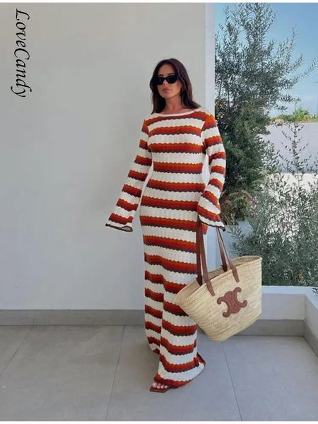 Kontrast Gestreifte Gestrickte Baumwolle Kleider Frauen Mode Oansatz Langarm Dünnes Rückenfreies Maxi Kleid Casual Dame Bodycon Vestidos 240301