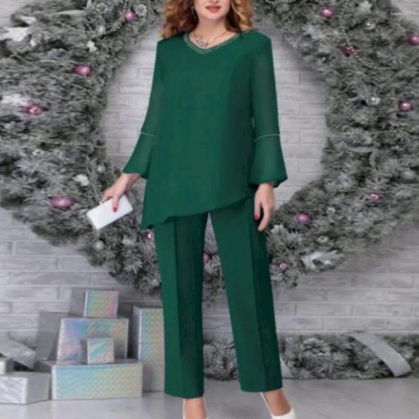 Zweiteilige Damenhose, Damen-Business-Arbeitsanzug, elegantes Top-Set mit Strass-Dekor und V-Ausschnitt, weites Bein, Übergröße, Herbst, Frühling, für Damen