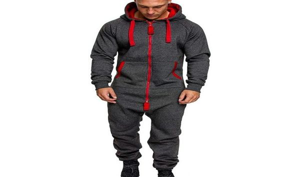 Men039s Tracksuits 2021 Mens Pure Color Splicing Macacão Homens Onepiece Garment Pijama Playsuit Zipper Hoodie Masculino Onesie Jumps3613466