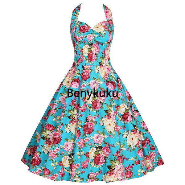 Vestidos sexy halter vestido de festa retro floral impressão hepburn vintage 50s 60s pin up rockabilly vestido robe algodão plus size roupas femininas