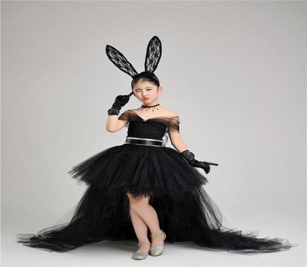Siyah kapalı omuz kızlar yarışmada, çıkarılabilir etek kabarık balo elbisesi dantel kanat tül tül küçük kız parti elbise eldivenleri habb3747911