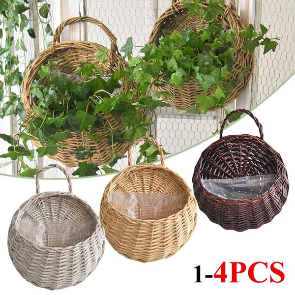 1-4 pçs pendurado plantador montado na parede vaso de flores de vime artesanal pendurado tecido rattan flor planta cesta varanda decoração do jardim 240304