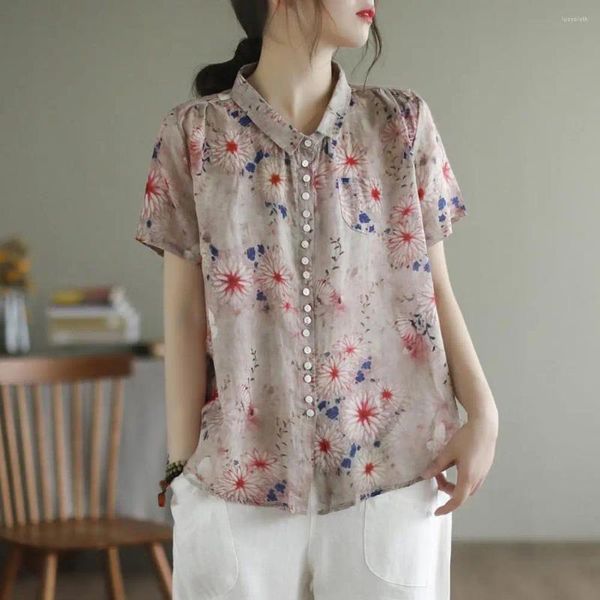 Blusas femininas blusa respirável elegante verão camisa casual coleção lapela manga curta ajuste solto com botão de bolso para um