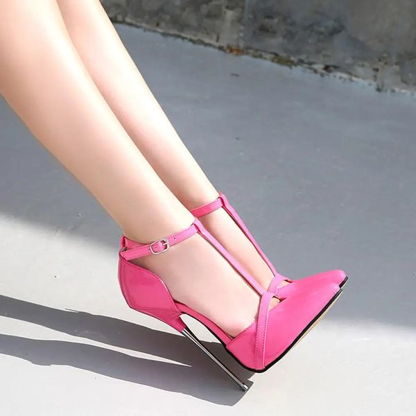 Женские босоножки на очень высоком каблуке 16 см, сексуальные женские туфли-лодочки на тонком каблуке с Т-образным носком, фетиш-обувь, розовое платье, модель Mujer Bombas 240228