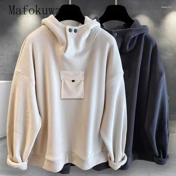 Hoodies masculinos inverno polar velo engrossado workwear bordado moletom bonito solto casual bolso pullovers roupas masculinas