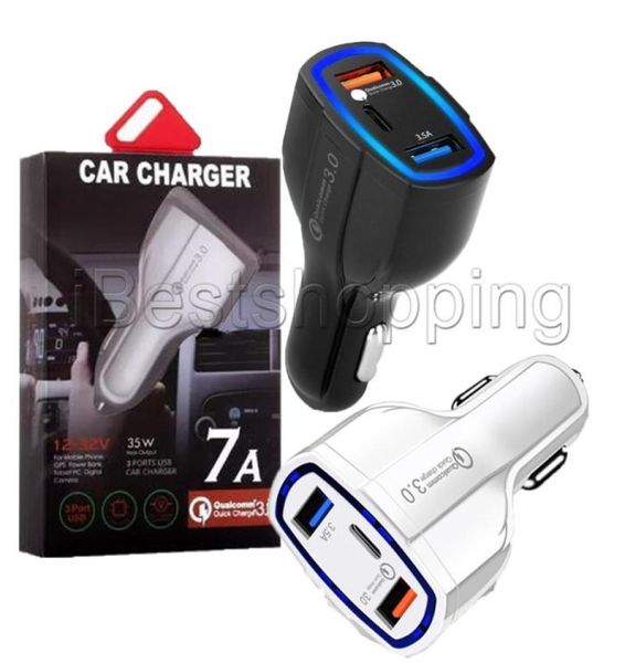 Carregadores de carro de 3 portas 35W 7A com tecnologia QC 30 tipo C e carregador rápido USB para celular GPS Power Bank Tablet PC9321901