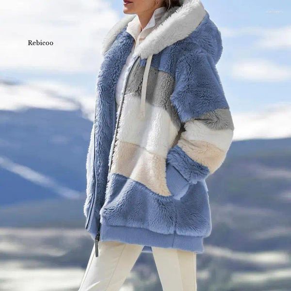Jaquetas femininas 2024 outono inverno quente pelúcia zíper bolso com capuz solto jaqueta roupas femininas cashmere outerwearcoats proteção fria