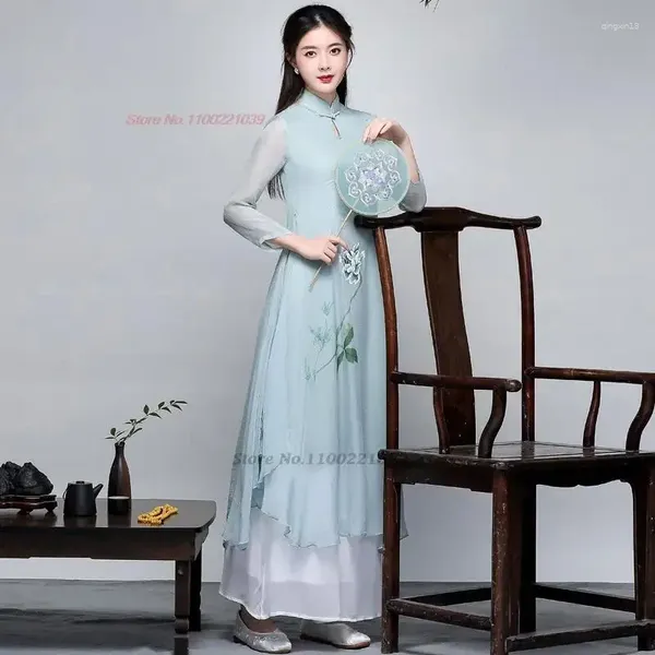 Ethnische Kleidung Traditionelles Vietnam Aodai Cheongsam Kleid Nationaler Blumendruck Chiffon Qipao Ao Dai Orientalischer Service Hanfu