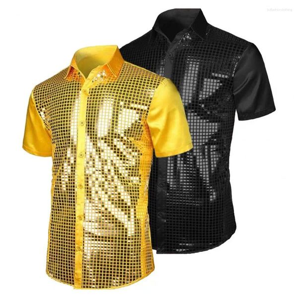 Camisas casuais masculinas homens relaxados camisa de cetim brilhante desempenho com colarinho de turn-down mangas compridas para festa de clube 70s palco de discoteca