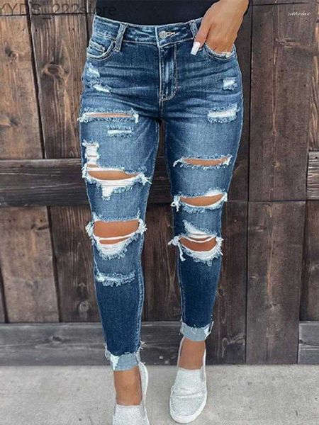 Jeans Stretch-Jeans mit Rissen, ausgefranstem R-Saum, Distressed-Denim mit Loch 240304