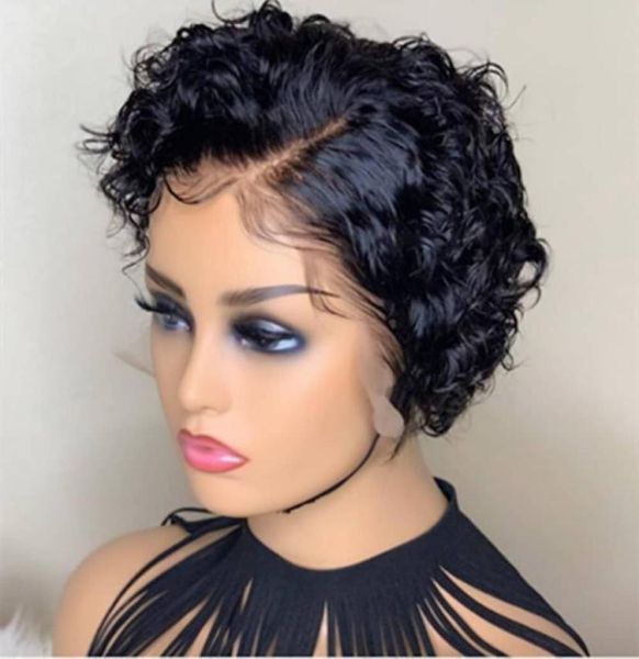 13x6 curto encaracolado parte lateral perucas dianteiras do laço pré arrancadas cabelo humano brasileiro pixie corte perucas para women6405483