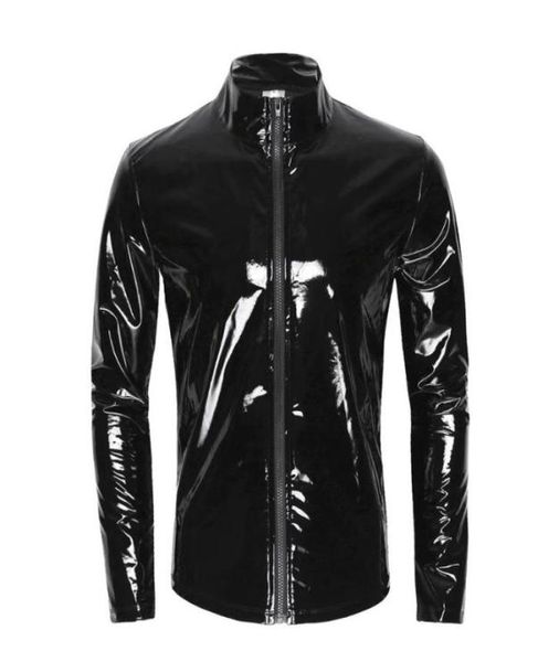 Camicia da uomo in pelle lucida sexy in PVC lucido Giacca da uomo in vernice metallizzata lucida Top Sexi Guaina modellante erotica in lattice Cappotto casual8538622