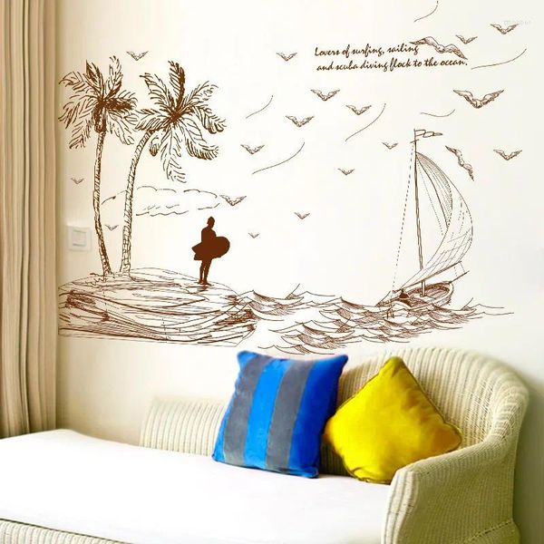 Adesivos de Parede Esboço Praia Veleiro para Sala de estar Quarto Decoração DIY Removível Decalques Decalques Arte Murais DC18