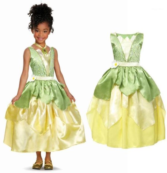 Verão tiana fantasia vestido menina princesa e o sapo traje crianças floral vestido verde crianças halloween parte fantasia cosplay dress14627463