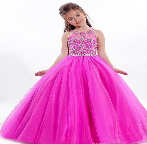 Lindas meninas vestidos de concurso 2019 Rachel Allen Sheer Jewel Neck com apliques frisados ​​até o chão Criança Pageant Vestidos de princesa Cu2885881