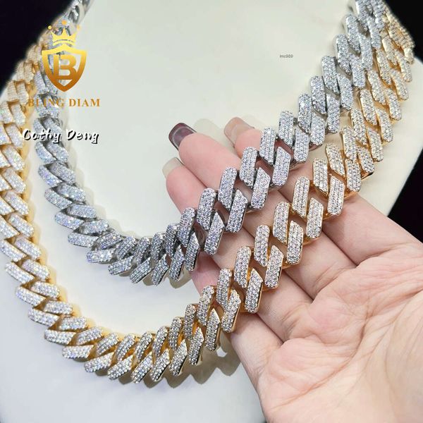 Заводская цена Big 19mm 3 Row Gold Lated Diamond Diamond Cuban Link Chain Brass Shing Hihop Miami Chain for Men