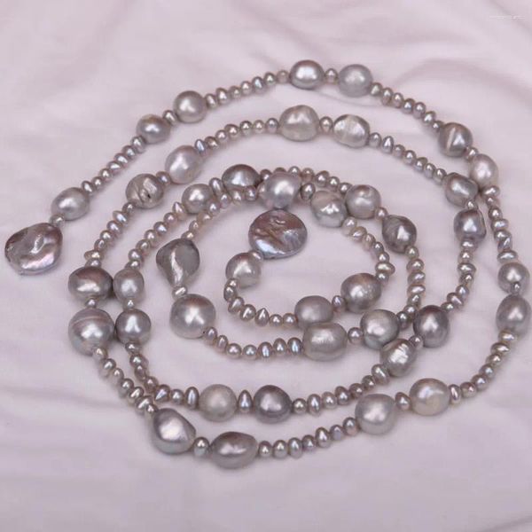 Collane con pendente GG 12MM-15MM Collana lunga con maglione di perle Keshi grigie