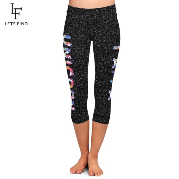 Leggings Sommer Neue Hohe Elastische Frauen Capri Leggings Mode Hohe Taille Einhorn Druck MidCalf 3/4 Stretch Schwarz Legging