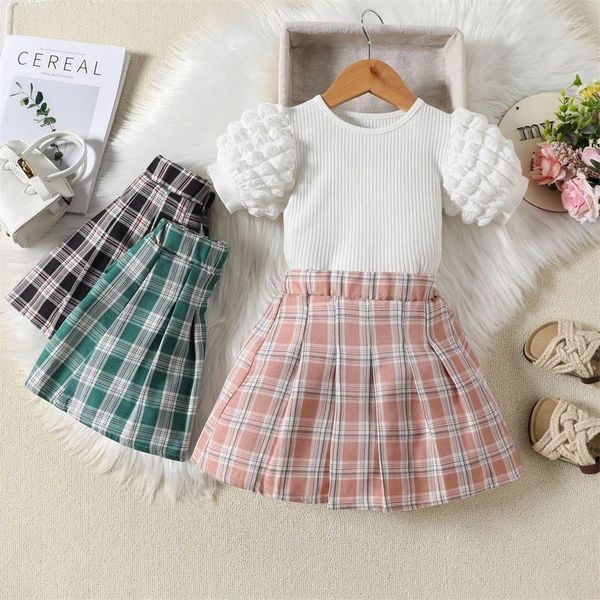 Set di abbigliamento Set di vestiti per bambina per bambini Set di maniche a sbuffo Top scozzese a pieghe 2 pezzi Vestito casual di moda estiva per bambini 1-6 anni