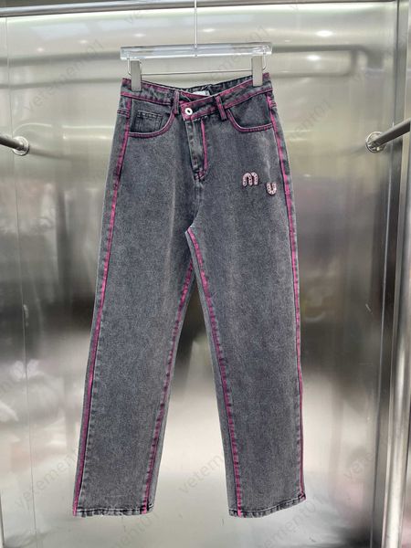 Designer jeans mulheres miui denim calças clássico carta padrão decoração moda casual solto jean calças das mulheres roupas