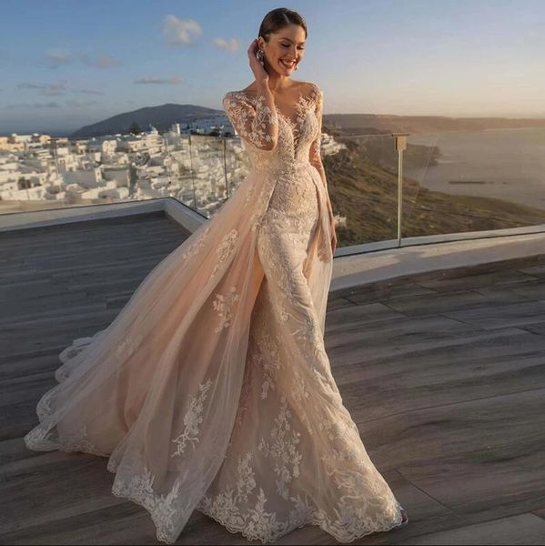 Lindo laço apliques mangas compridas sereia vestido de casamento para noiva 2024 pura malha botão superior decoração ilusão volta com saia destacável vestido de novia 0304