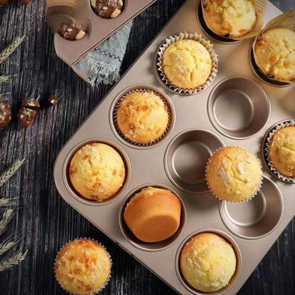 12 xícaras de muffin pan aço carbono antiaderente cupcake molde bakeware bandeja cozinha cozimento redondo bolo molde ferramentas 240226