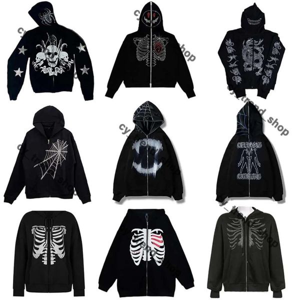 Mens Sp5der Moletom Com Capuz Strass Spider Hoodie Web Skeleton Print Preto Y2K Goth Longsleeve Full Zip Jaqueta Oversized American Fashion Spyder Hoodie 45