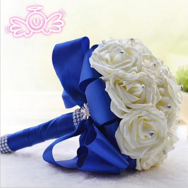 Buquês de casamento artificial novo 16 flores marfim artesanal fita azul real buquê de aniversário de casamento para noivas 1820cm8726084