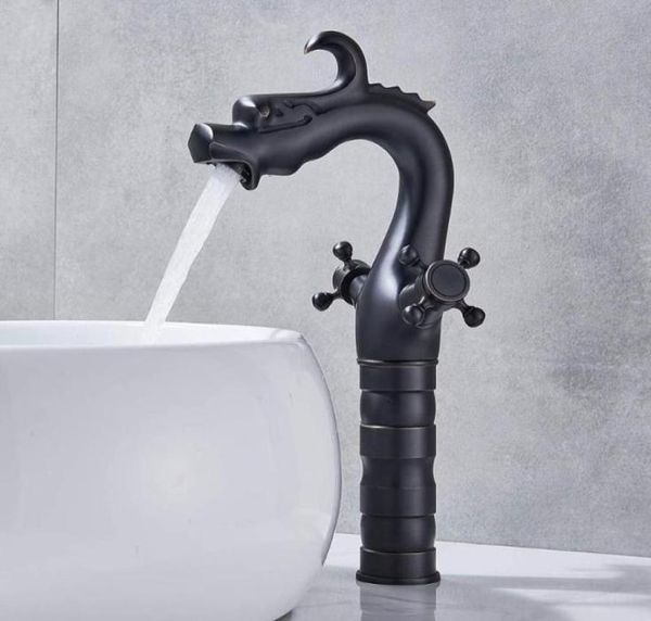 Drachenform Badezimmer Waschbecken Gefäß Wasserhahn Dual Griff Mischbatterie Schwarz Farbe Messing Material Öl eingerieben Bronze Faucets3355201