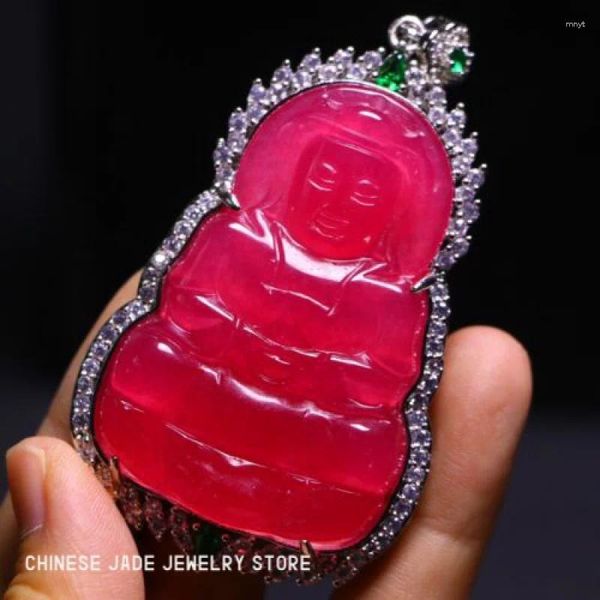 Colares com pingente. Perfeito alto chinês rosa vermelho jade precisão esculpida Guanyin M201