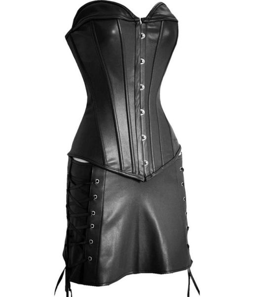 Set corsetto e gonna sexy in ecopelle nera con top basco STEAMPUNK3992266