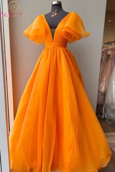 Kleider Organza Orange Prom Kleid 2023 Lange A-Linie Falten Kappe Kurze Puffärmel V-Ausschnitt Abend Party Kleid Lange Frauen nach Maß