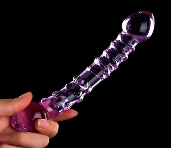 Doppio cristallo viola vetro Pyrex Dildo pene artificiale granello e spirale G Spot Simulator giocattoli adulti del sesso per donna Y19106584703