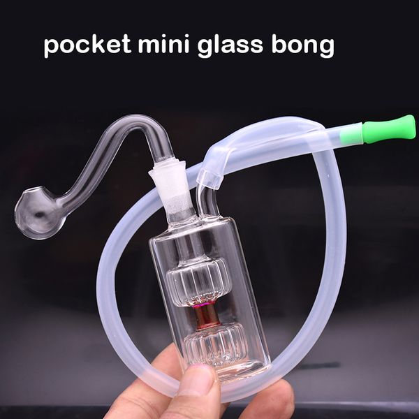 Kleine Tasche, Glas-Ölbrenner-Bong, Wasserpfeife mit Doppelmatrix-Perkolator, Aschefänger, Wasserpfeife, tragbare Dab-Rig-Bong mit männlichem Glas-Ölbrennerrohr und Schlauch