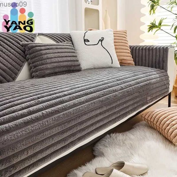 Stuhlhussen New Rabbit Plüsch Sofabezug für Wohnzimmer Winter Warm verdicken Sofa Matte Couch Schonbezüge Anti-Rutsch-Streifen Kinder Haustiere Sofa Handtuch