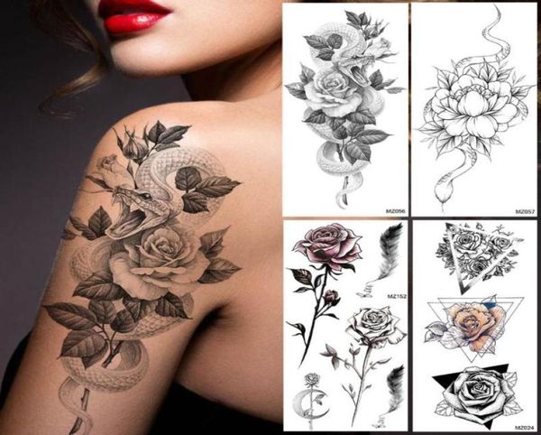 Creativo Lotus Snake Tatuaggi Temporanei Adesivo Per Le Donne 3D Body Art Pittura Gambe Braccio Tatoo Decal Falso Impermeabile Tatuaggi Neri8988121
